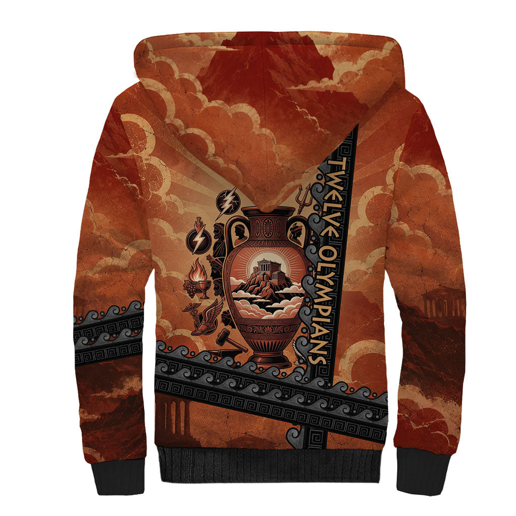 Twelve Olympians Sherpa Hoodie Greek Gods Graphic With Greek Amphora Vase And Parthenon Art