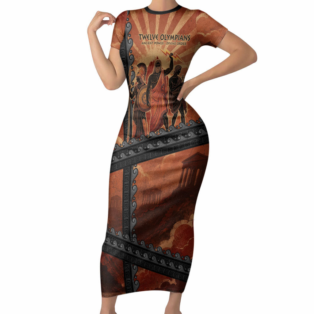 Twelve Olympians Short Sleeve Bodycon Dress Greek Gods Graphic With Greek Amphora Vase And Parthenon Art