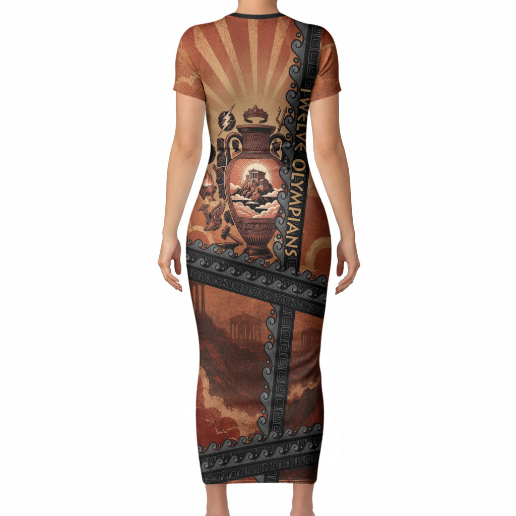 Twelve Olympians Short Sleeve Bodycon Dress Greek Gods Graphic With Greek Amphora Vase And Parthenon Art