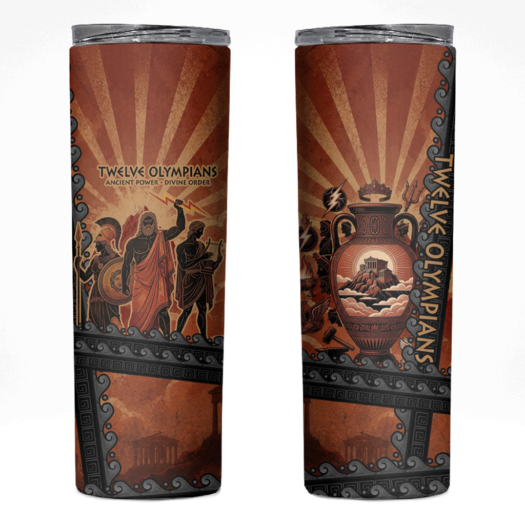 Twelve Olympians Skinny Tumbler Greek Gods Graphic With Greek Amphora Vase And Parthenon Art