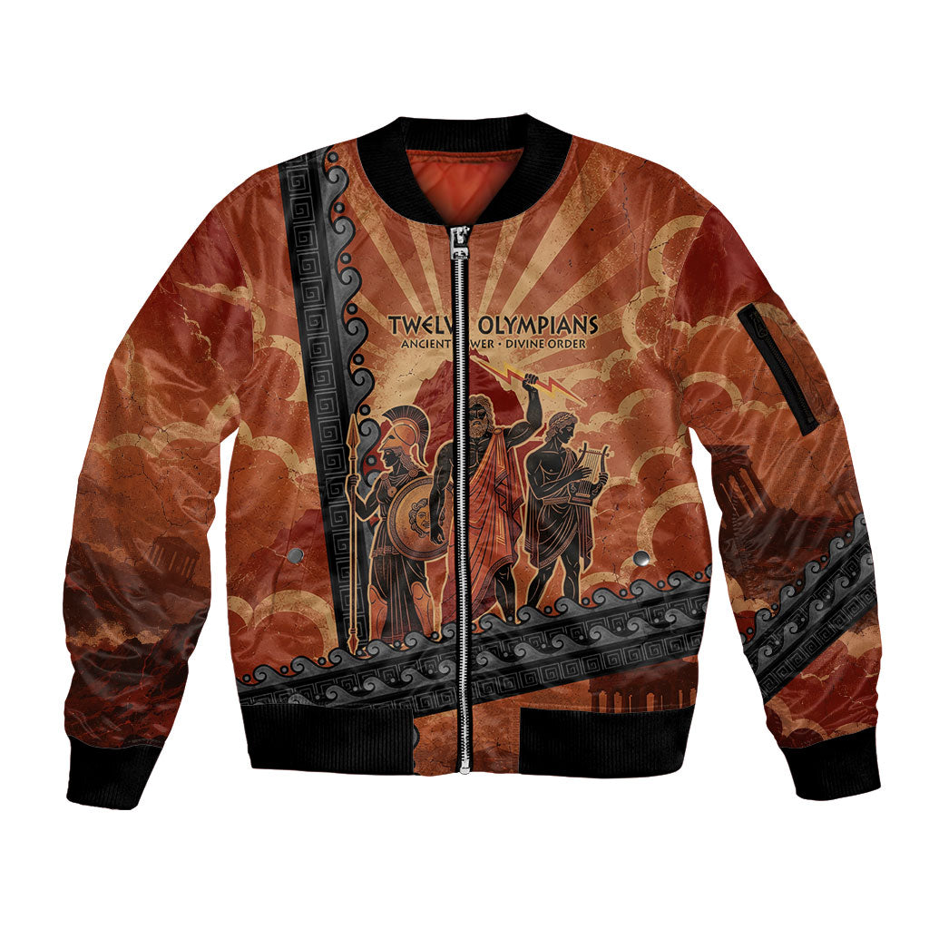 Twelve Olympians Sleeve Zip Bomber Jacket Greek Gods Graphic With Greek Amphora Vase And Parthenon Art