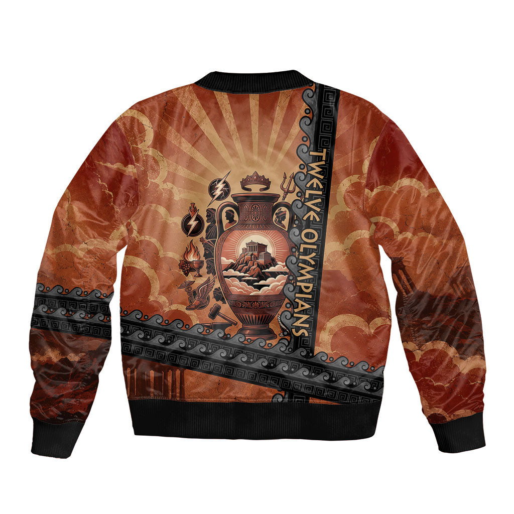 Twelve Olympians Sleeve Zip Bomber Jacket Greek Gods Graphic With Greek Amphora Vase And Parthenon Art
