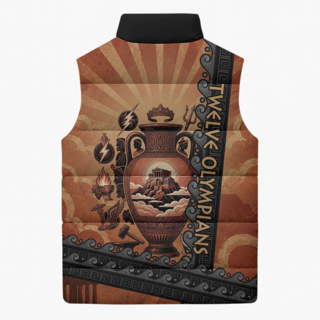 Twelve Olympians Sleeveless Puffer Jacket Greek Gods Graphic With Greek Amphora Vase And Parthenon Art