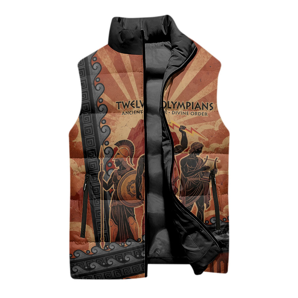 Twelve Olympians Sleeveless Puffer Jacket Greek Gods Graphic With Greek Amphora Vase And Parthenon Art