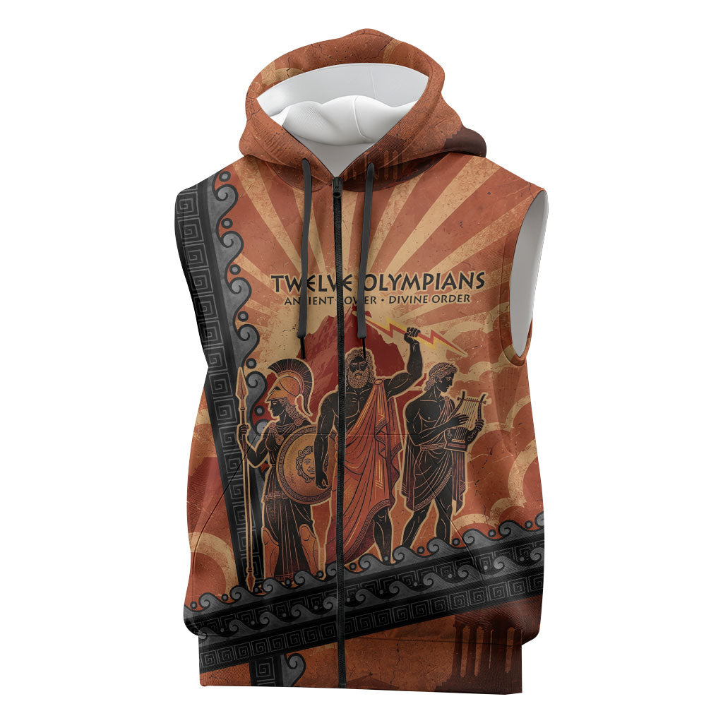 Twelve Olympians Sleeveless Zip Hoodie Greek Gods Graphic With Greek Amphora Vase And Parthenon Art