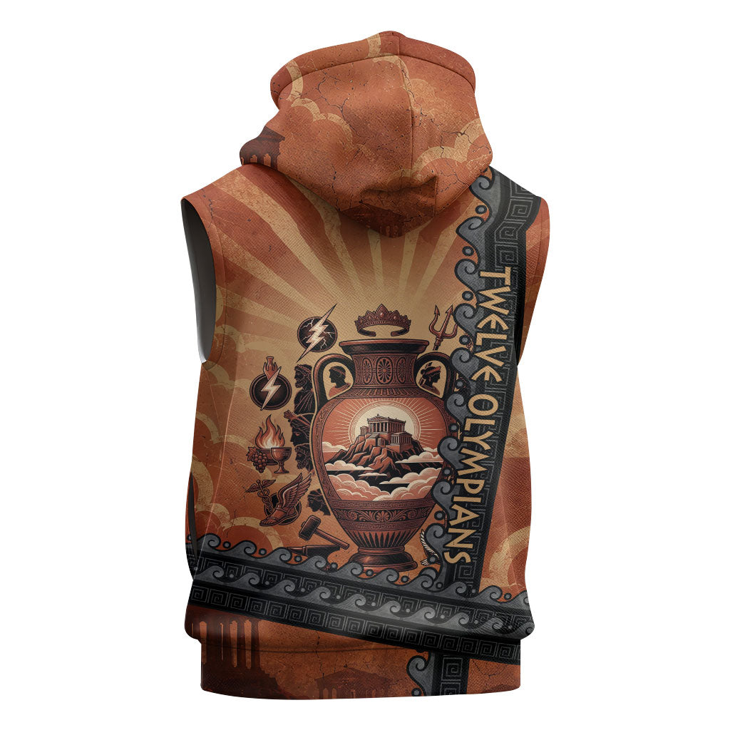 Twelve Olympians Sleeveless Zip Hoodie Greek Gods Graphic With Greek Amphora Vase And Parthenon Art