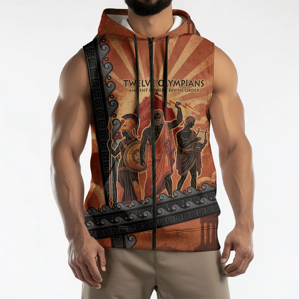 Twelve Olympians Sleeveless Zip Hoodie Greek Gods Graphic With Greek Amphora Vase And Parthenon Art