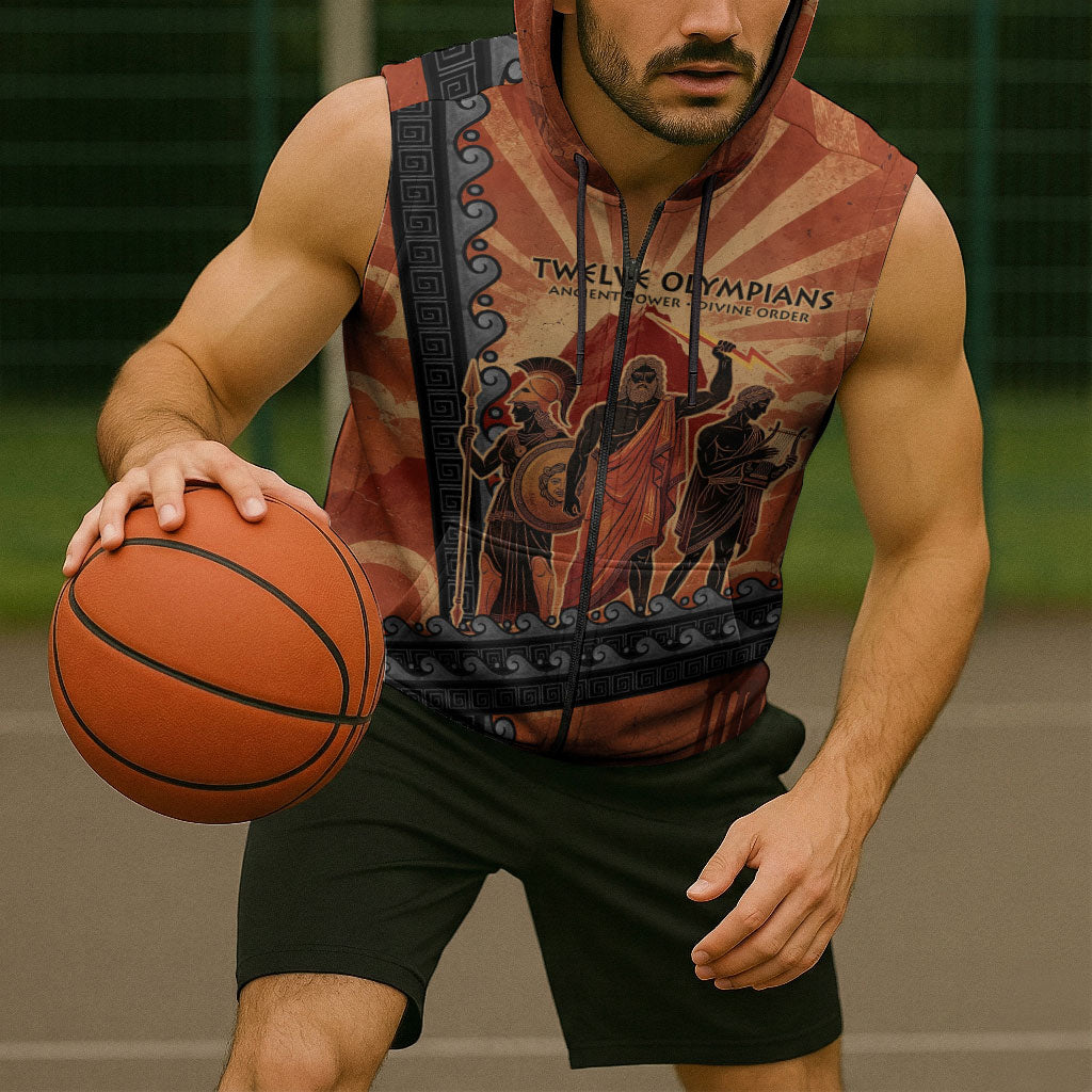 Twelve Olympians Sleeveless Zip Hoodie Greek Gods Graphic With Greek Amphora Vase And Parthenon Art