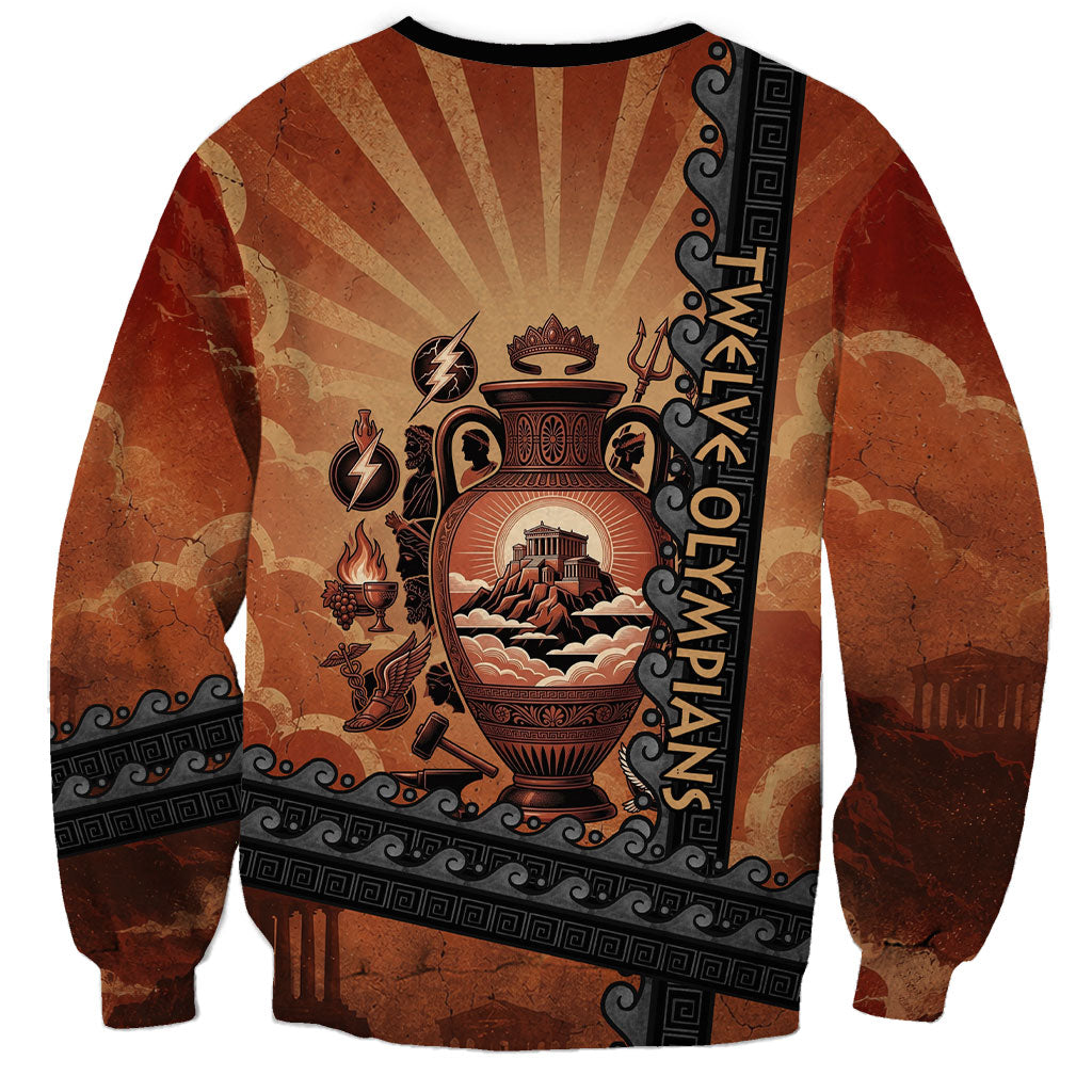 Twelve Olympians Sweatshirt Greek Gods Graphic With Greek Amphora Vase And Parthenon Art