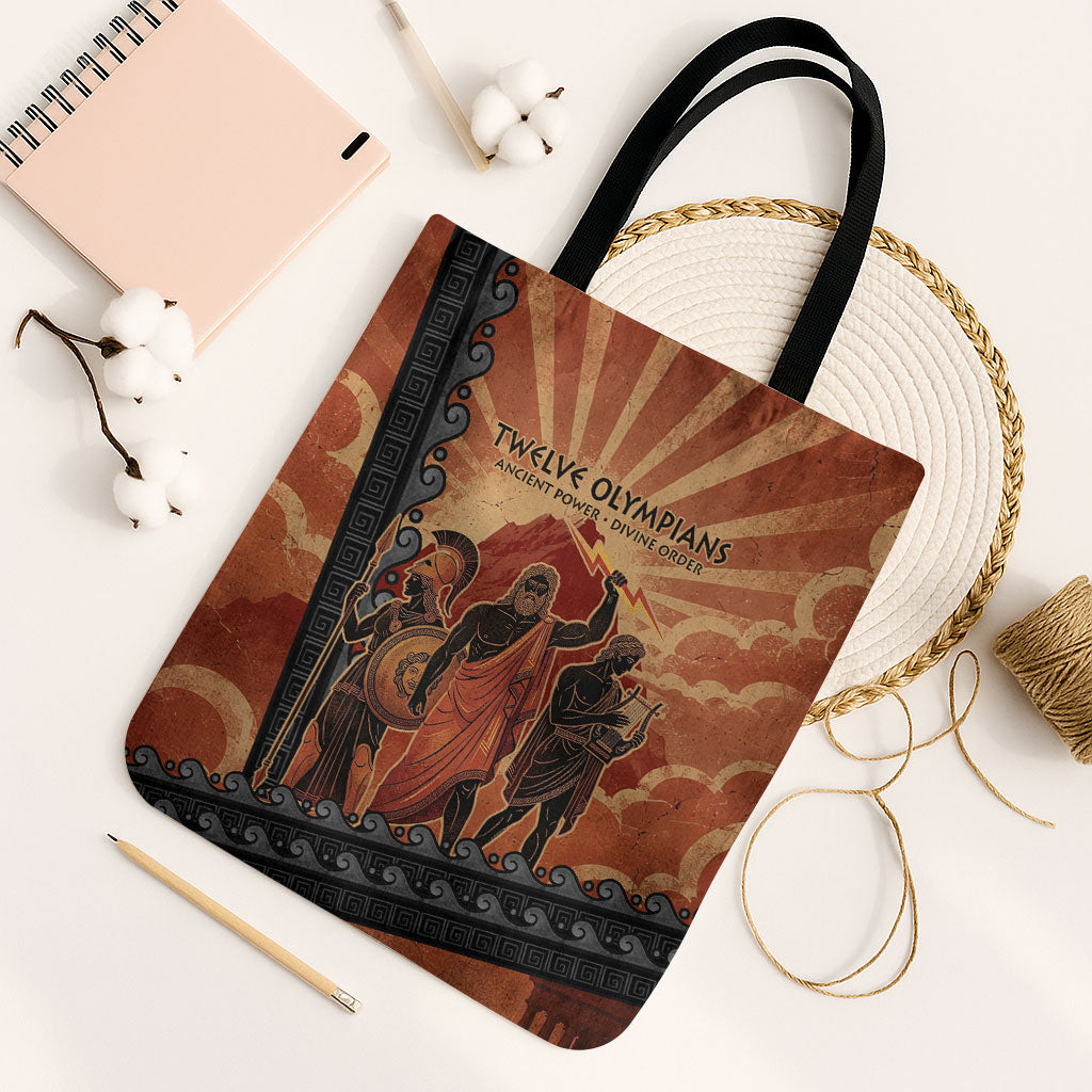 Twelve Olympians Tote Bag Greek Gods Graphic With Greek Amphora Vase And Parthenon Art