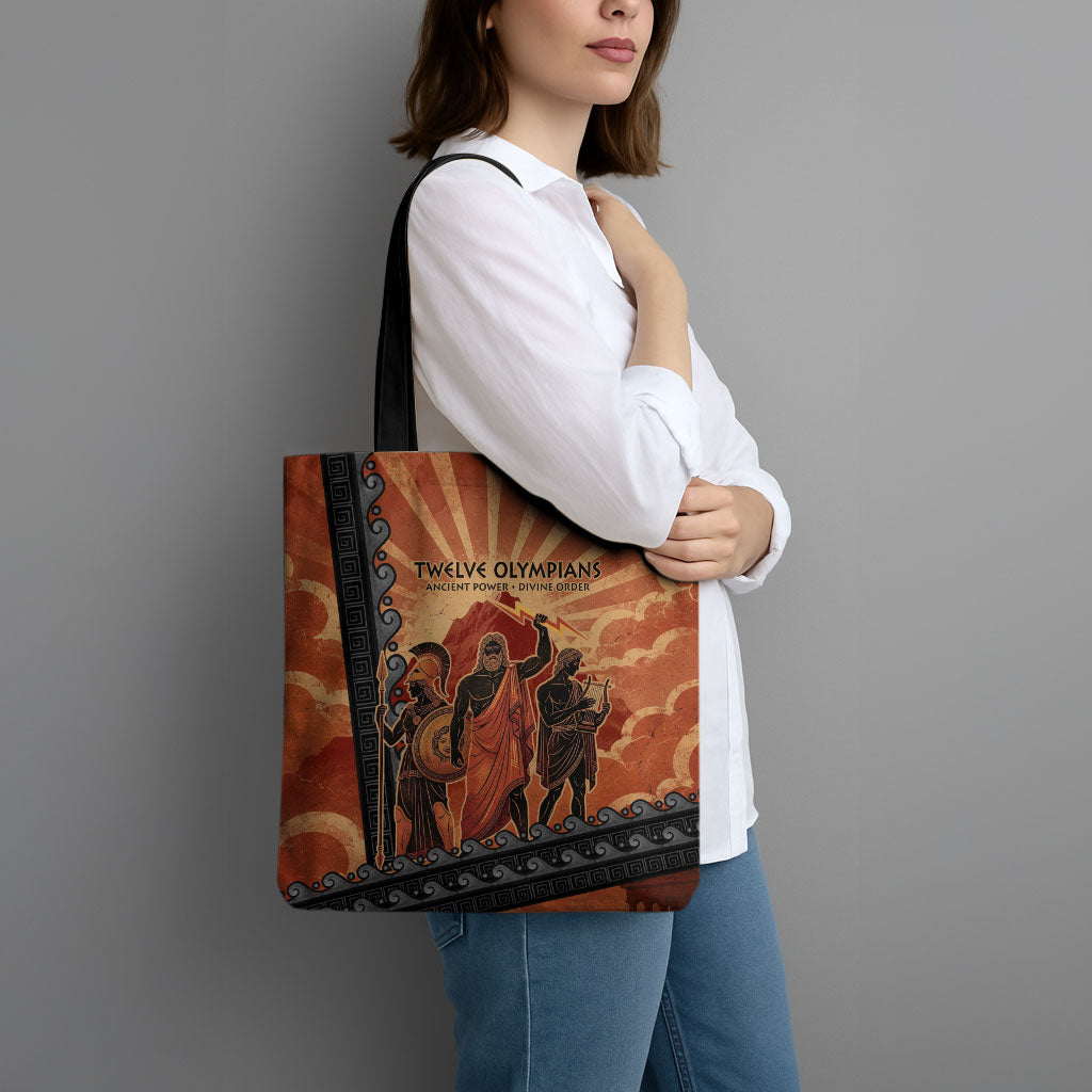 Twelve Olympians Tote Bag Greek Gods Graphic With Greek Amphora Vase And Parthenon Art