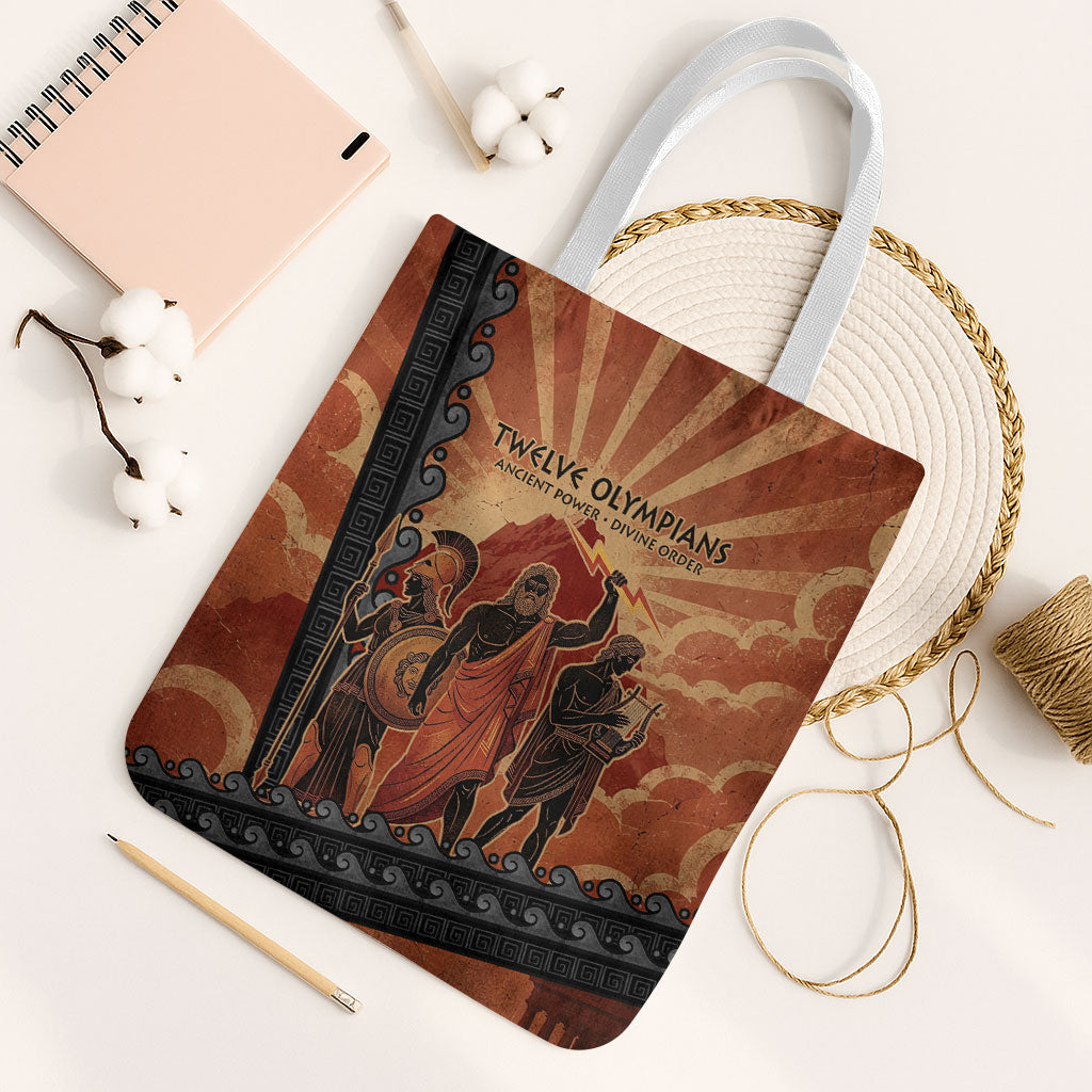Twelve Olympians Tote Bag Greek Gods Graphic With Greek Amphora Vase And Parthenon Art
