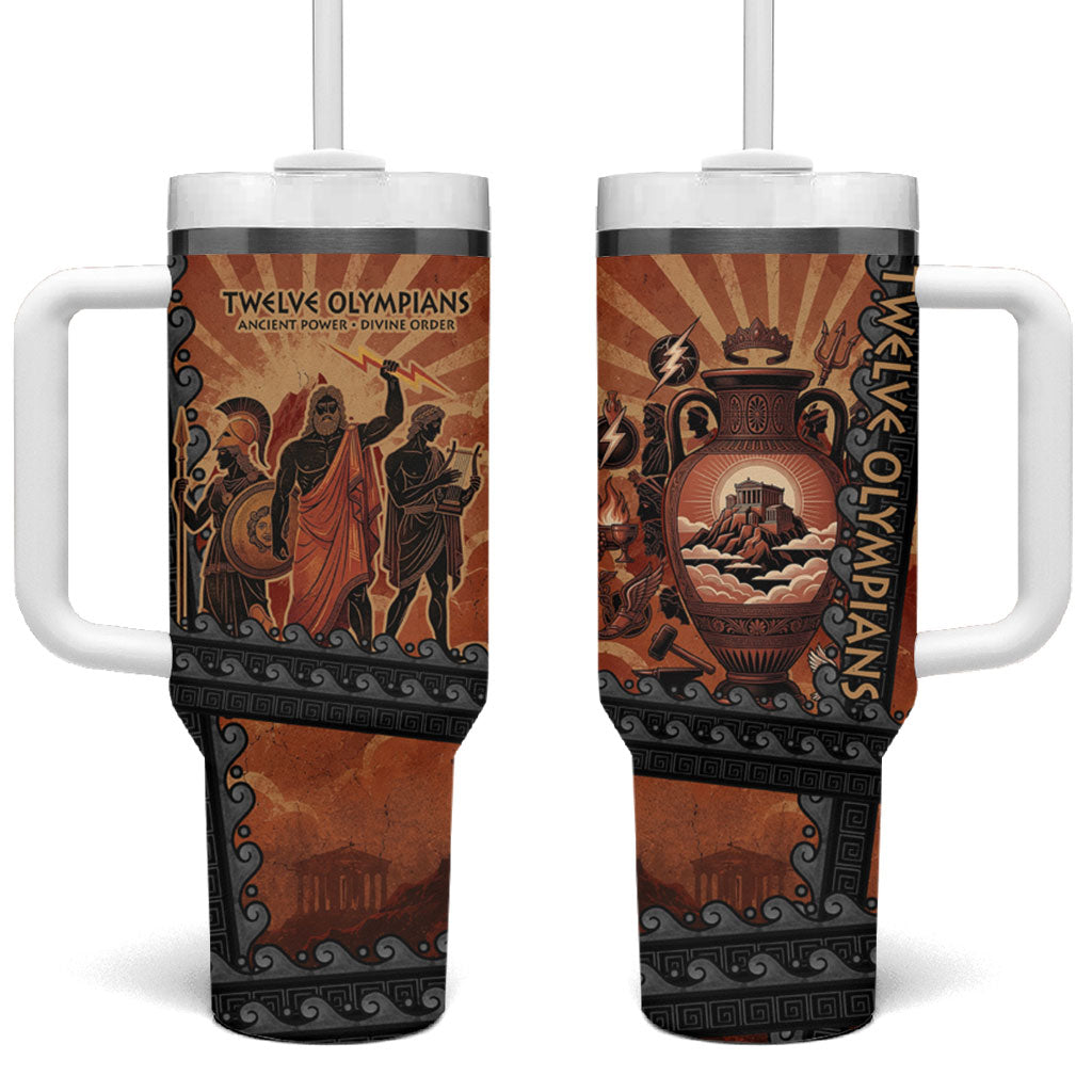 Twelve Olympians Tumbler With Handle Greek Gods Graphic With Greek Amphora Vase And Parthenon Art