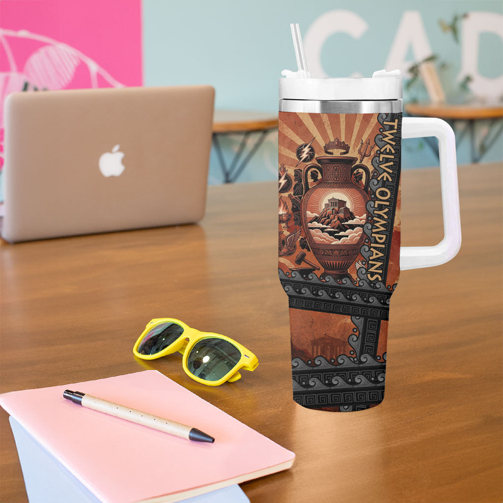 Twelve Olympians Tumbler With Handle Greek Gods Graphic With Greek Amphora Vase And Parthenon Art