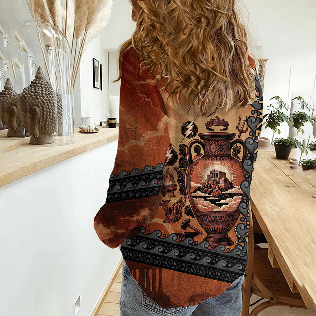Twelve Olympians Women Casual Shirt Greek Gods Graphic With Greek Amphora Vase And Parthenon Art