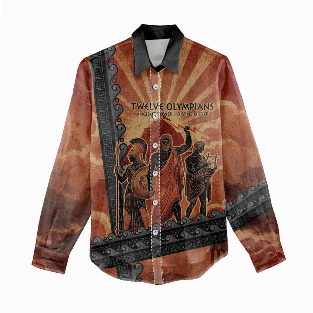 Twelve Olympians Women Casual Shirt Greek Gods Graphic With Greek Amphora Vase And Parthenon Art