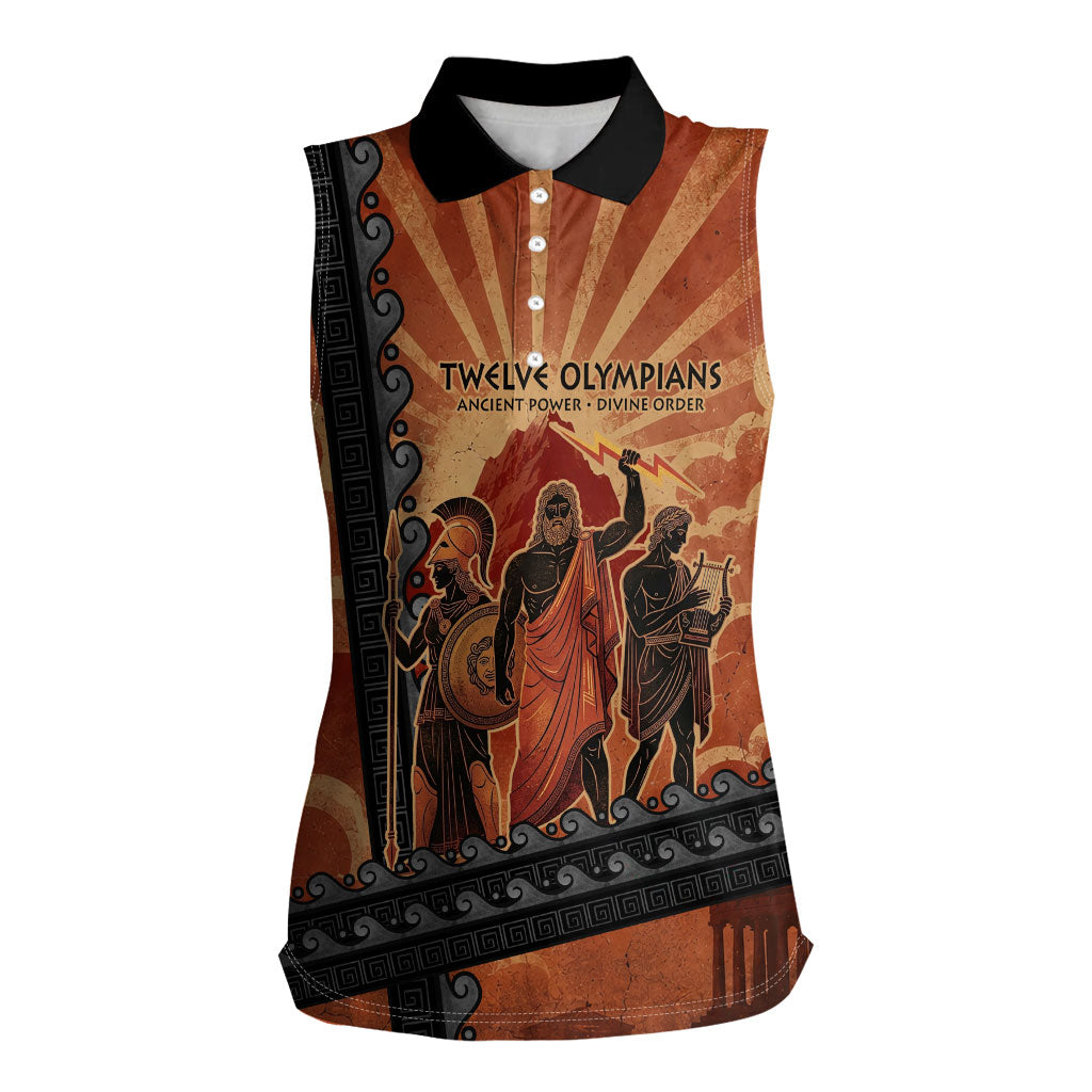 Twelve Olympians Women Sleeveless Polo Shirt Greek Gods Graphic With Greek Amphora Vase And Parthenon Art