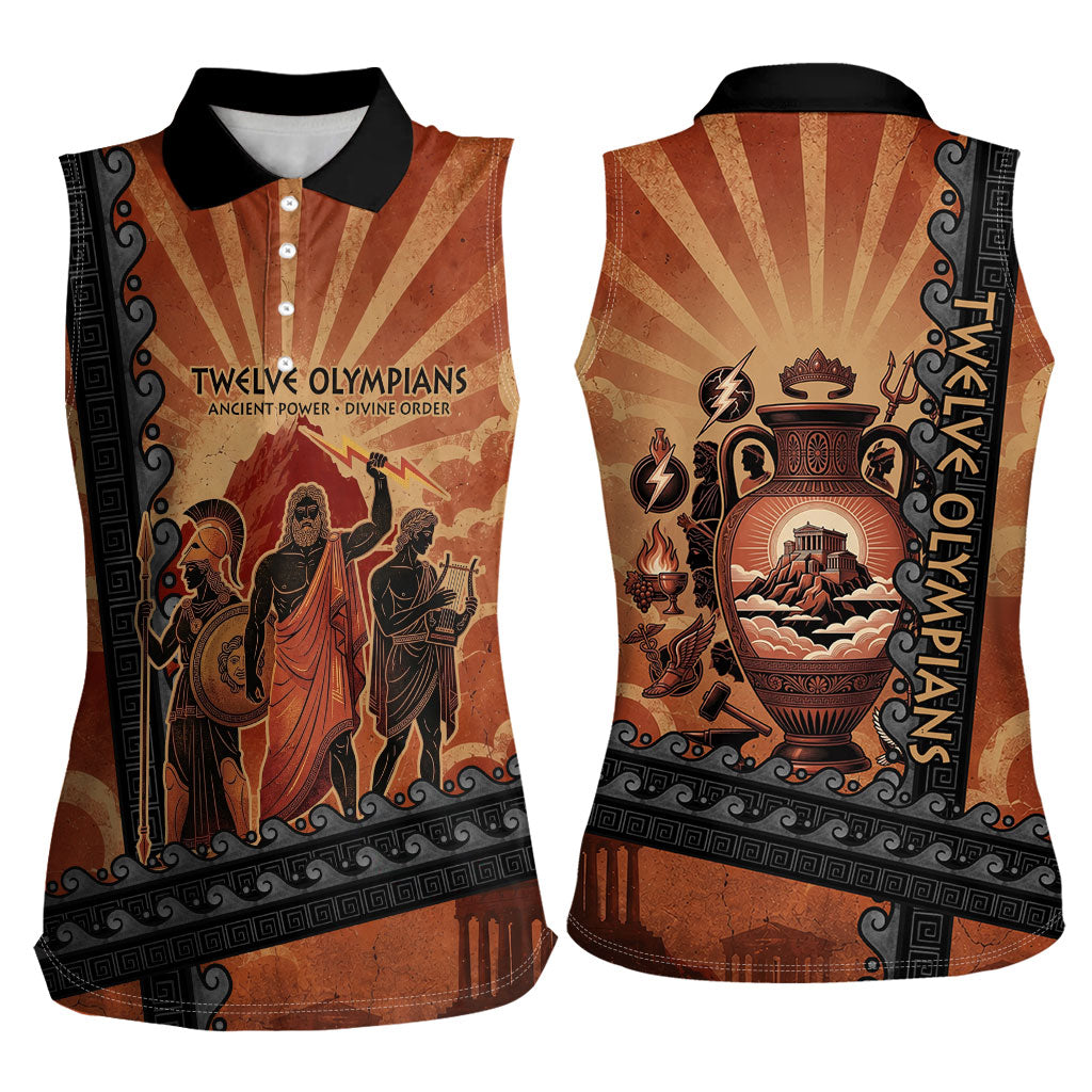 Twelve Olympians Women Sleeveless Polo Shirt Greek Gods Graphic With Greek Amphora Vase And Parthenon Art