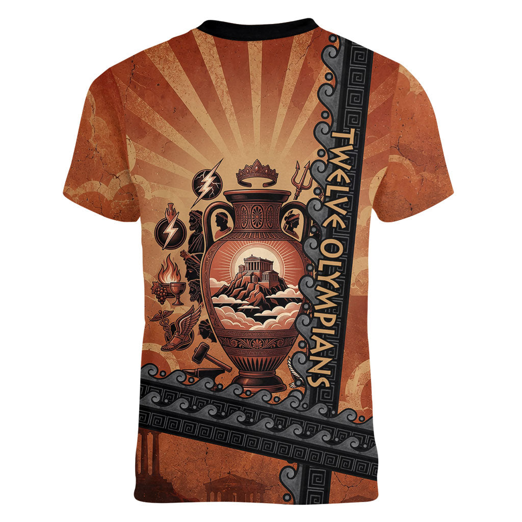 Twelve Olympians Women V-Neck T-Shirt Greek Gods Graphic With Greek Amphora Vase And Parthenon Art