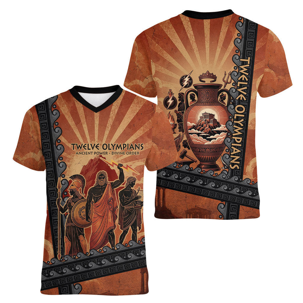 Twelve Olympians Women V-Neck T-Shirt Greek Gods Graphic With Greek Amphora Vase And Parthenon Art