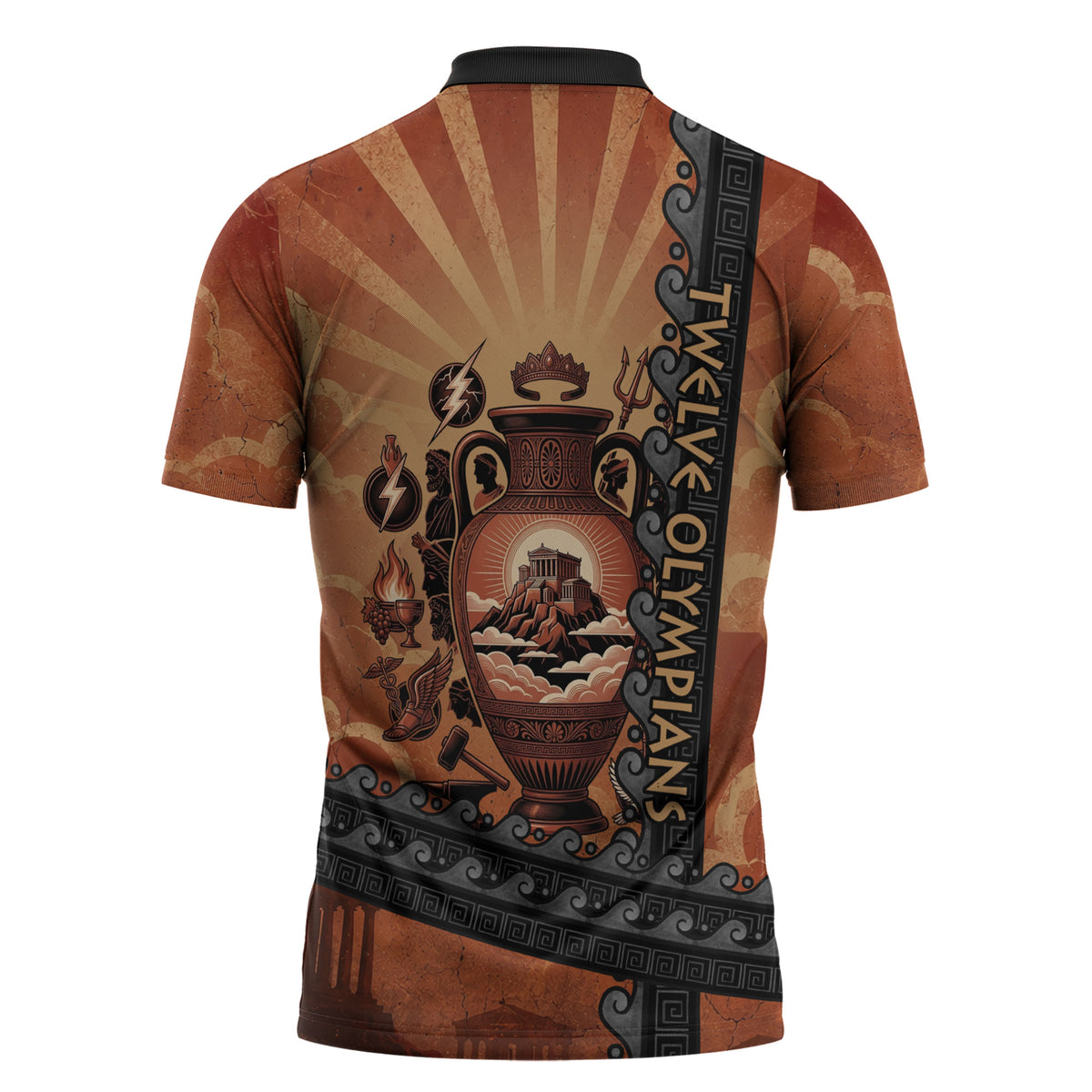 Twelve Olympians Zipper Polo Shirt Greek Gods Graphic With Greek Amphora Vase And Parthenon Art