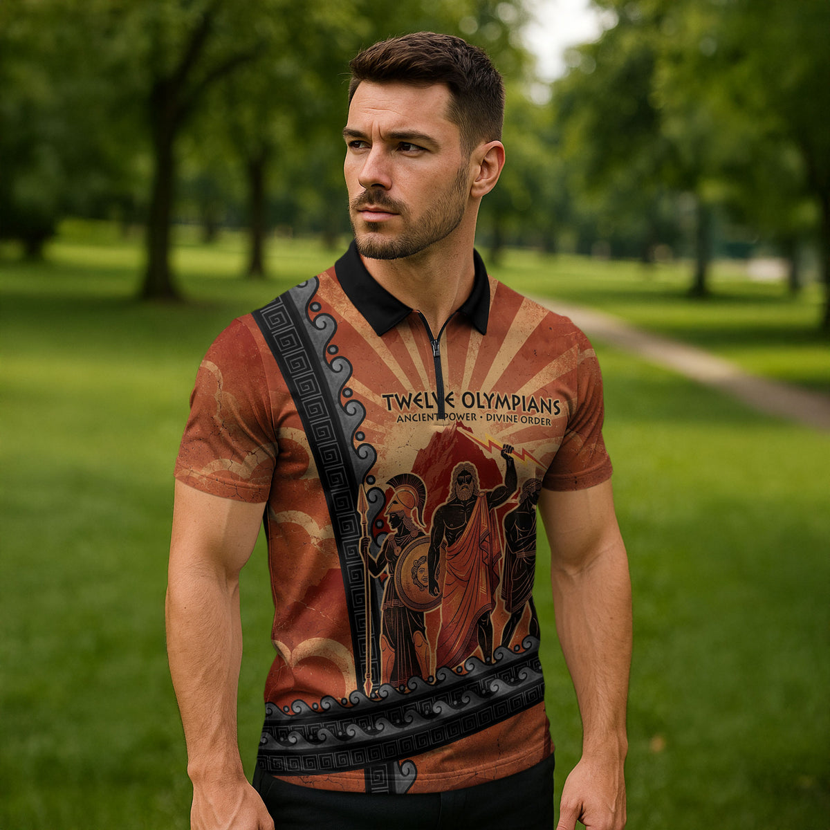 Twelve Olympians Zipper Polo Shirt Greek Gods Graphic With Greek Amphora Vase And Parthenon Art