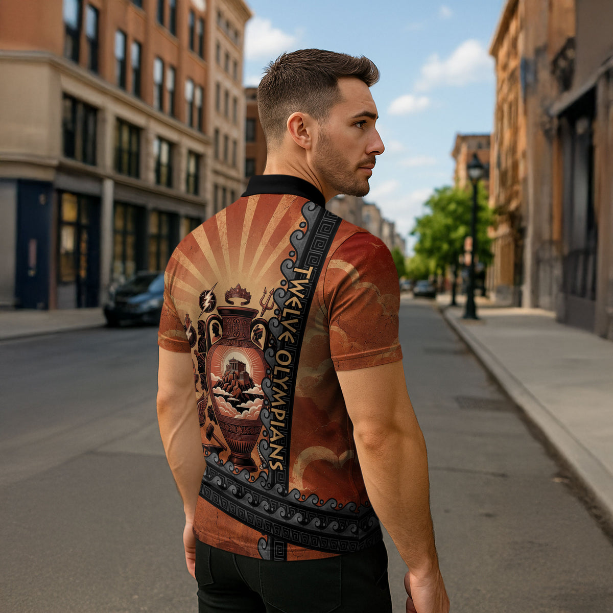 Twelve Olympians Zipper Polo Shirt Greek Gods Graphic With Greek Amphora Vase And Parthenon Art