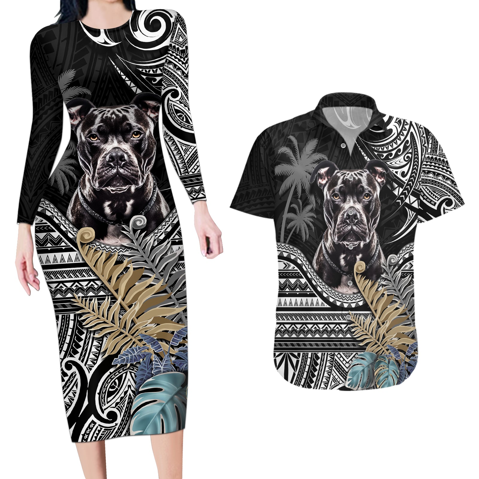 Polynesian Pitbull Couples Matching Long Sleeve Bodycon Dress and Hawaiian Shirt Polynesian Pattern And Pitbull - Wonder Print Shop