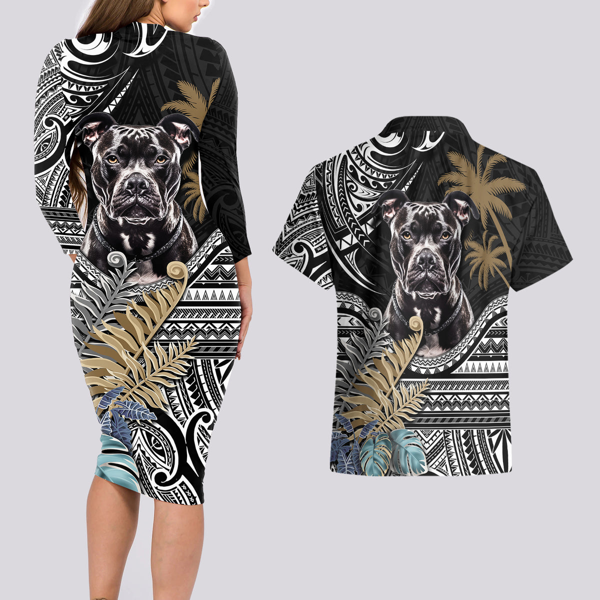 Polynesian Pitbull Couples Matching Long Sleeve Bodycon Dress and Hawaiian Shirt Polynesian Pattern And Pitbull - Wonder Print Shop
