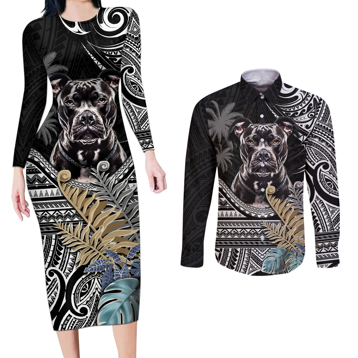 Polynesian Pitbull Couples Matching Long Sleeve Bodycon Dress and Long Sleeve Button Shirts Polynesian Pattern And Pitbull - Wonder Print Shop