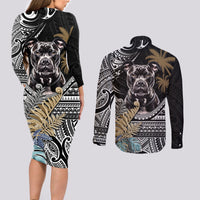 Polynesian Pitbull Couples Matching Long Sleeve Bodycon Dress and Long Sleeve Button Shirts Polynesian Pattern And Pitbull - Wonder Print Shop
