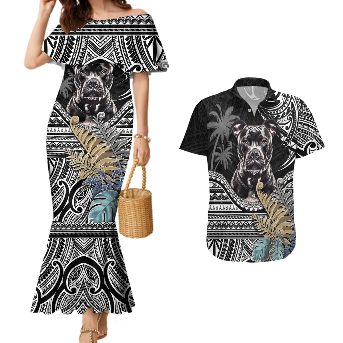 Polynesian Pitbull Couples Matching Mermaid Dress and Hawaiian Shirt Polynesian Pattern And Pitbull - Wonder Print Shop