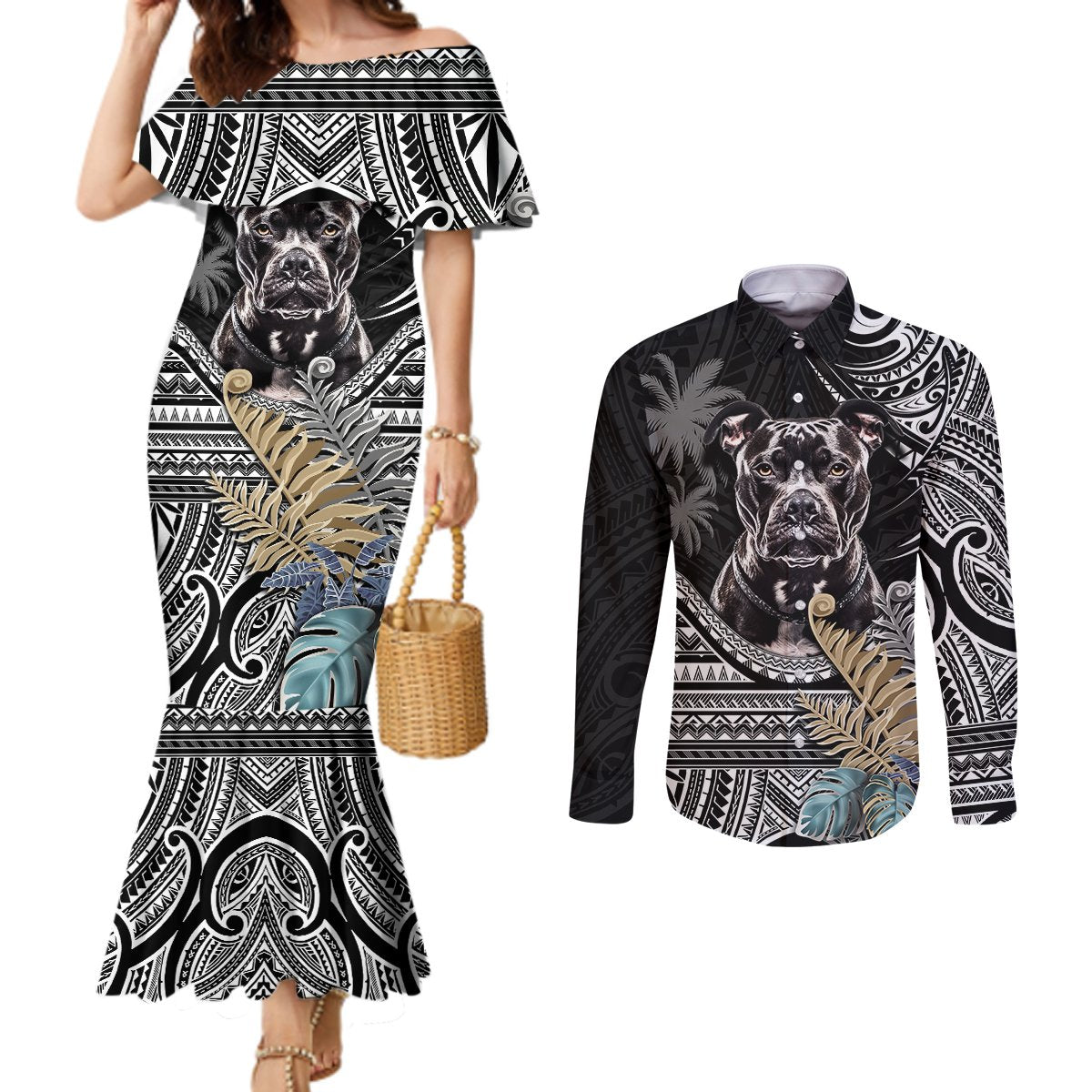 polynesian-pitbull-couples-matching-mermaid-dress-and-long-sleeve-button-shirts-polynesian-pattern-and-pitbull