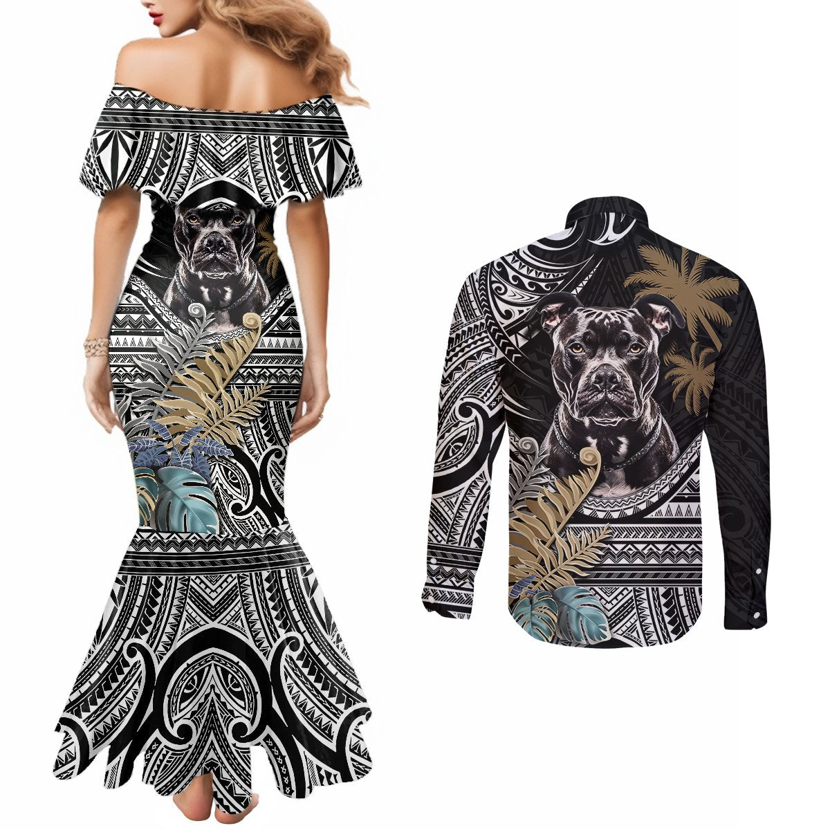 polynesian-pitbull-couples-matching-mermaid-dress-and-long-sleeve-button-shirts-polynesian-pattern-and-pitbull