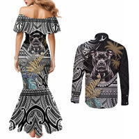 polynesian-pitbull-couples-matching-mermaid-dress-and-long-sleeve-button-shirts-polynesian-pattern-and-pitbull