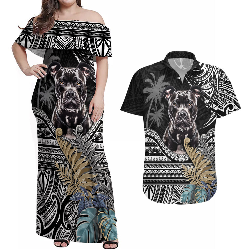 Polynesian Pitbull Couples Matching Off Shoulder Maxi Dress and Hawaiian Shirt Polynesian Pattern And Pitbull - Wonder Print Shop