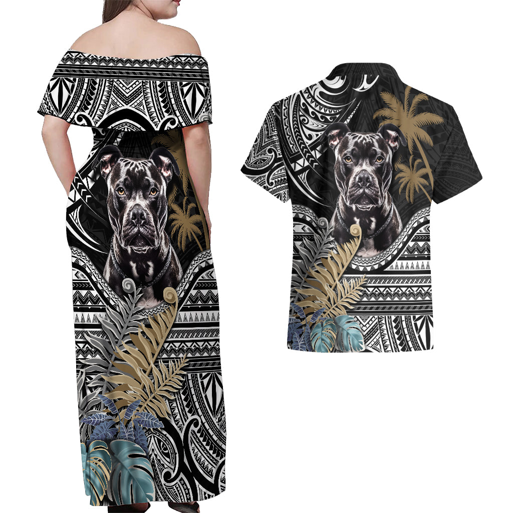 Polynesian Pitbull Couples Matching Off Shoulder Maxi Dress and Hawaiian Shirt Polynesian Pattern And Pitbull - Wonder Print Shop