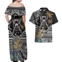 Polynesian Pitbull Couples Matching Off Shoulder Maxi Dress and Hawaiian Shirt Polynesian Pattern And Pitbull - Wonder Print Shop