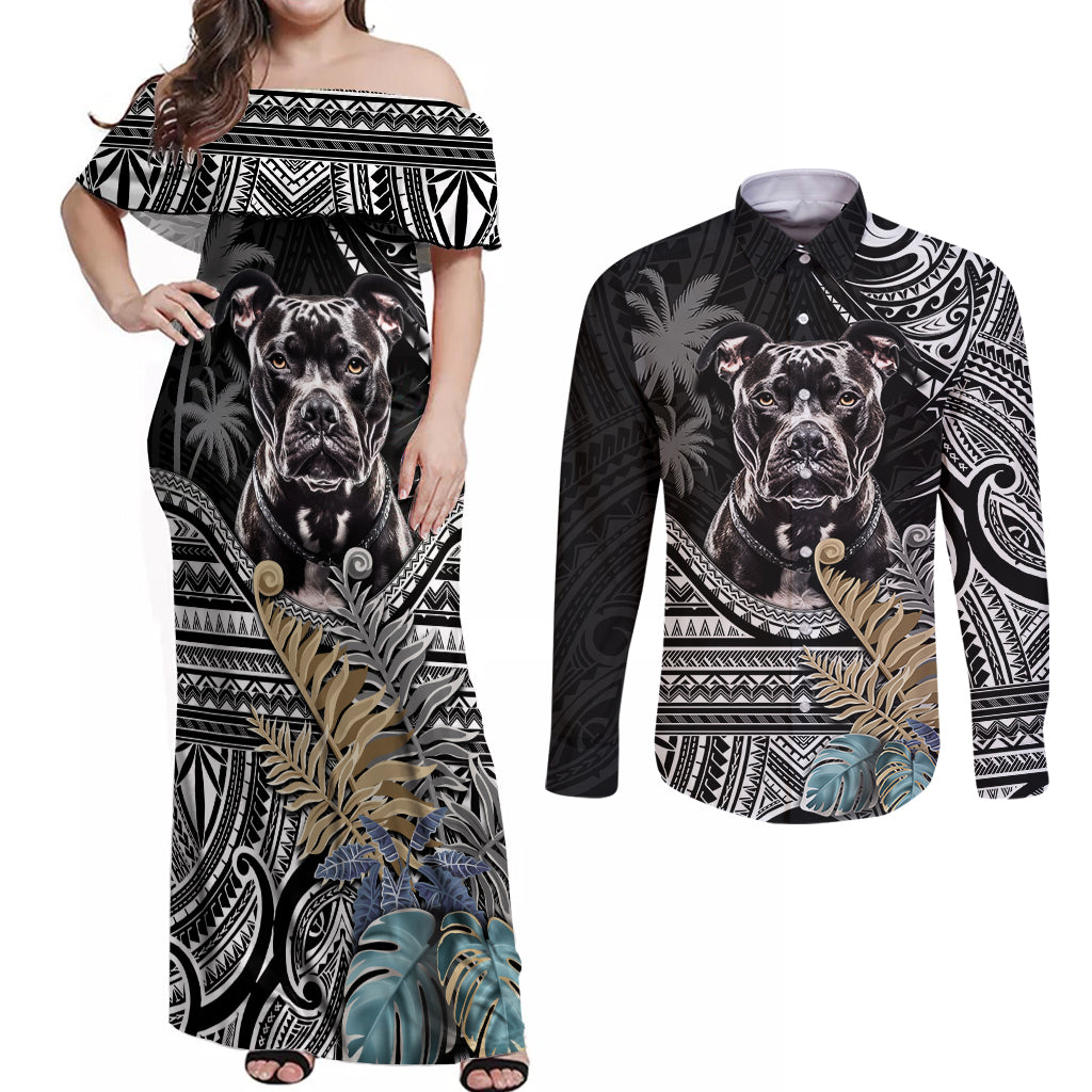 Polynesian Pitbull Couples Matching Off Shoulder Maxi Dress and Long Sleeve Button Shirts Polynesian Pattern And Pitbull - Wonder Print Shop