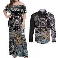 Polynesian Pitbull Couples Matching Off Shoulder Maxi Dress and Long Sleeve Button Shirts Polynesian Pattern And Pitbull - Wonder Print Shop