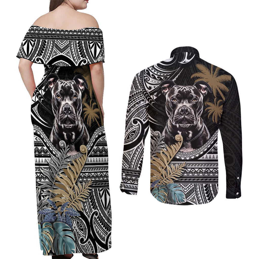 Polynesian Pitbull Couples Matching Off Shoulder Maxi Dress and Long Sleeve Button Shirts Polynesian Pattern And Pitbull - Wonder Print Shop