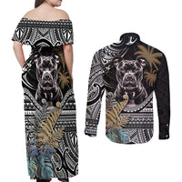 Polynesian Pitbull Couples Matching Off Shoulder Maxi Dress and Long Sleeve Button Shirts Polynesian Pattern And Pitbull - Wonder Print Shop
