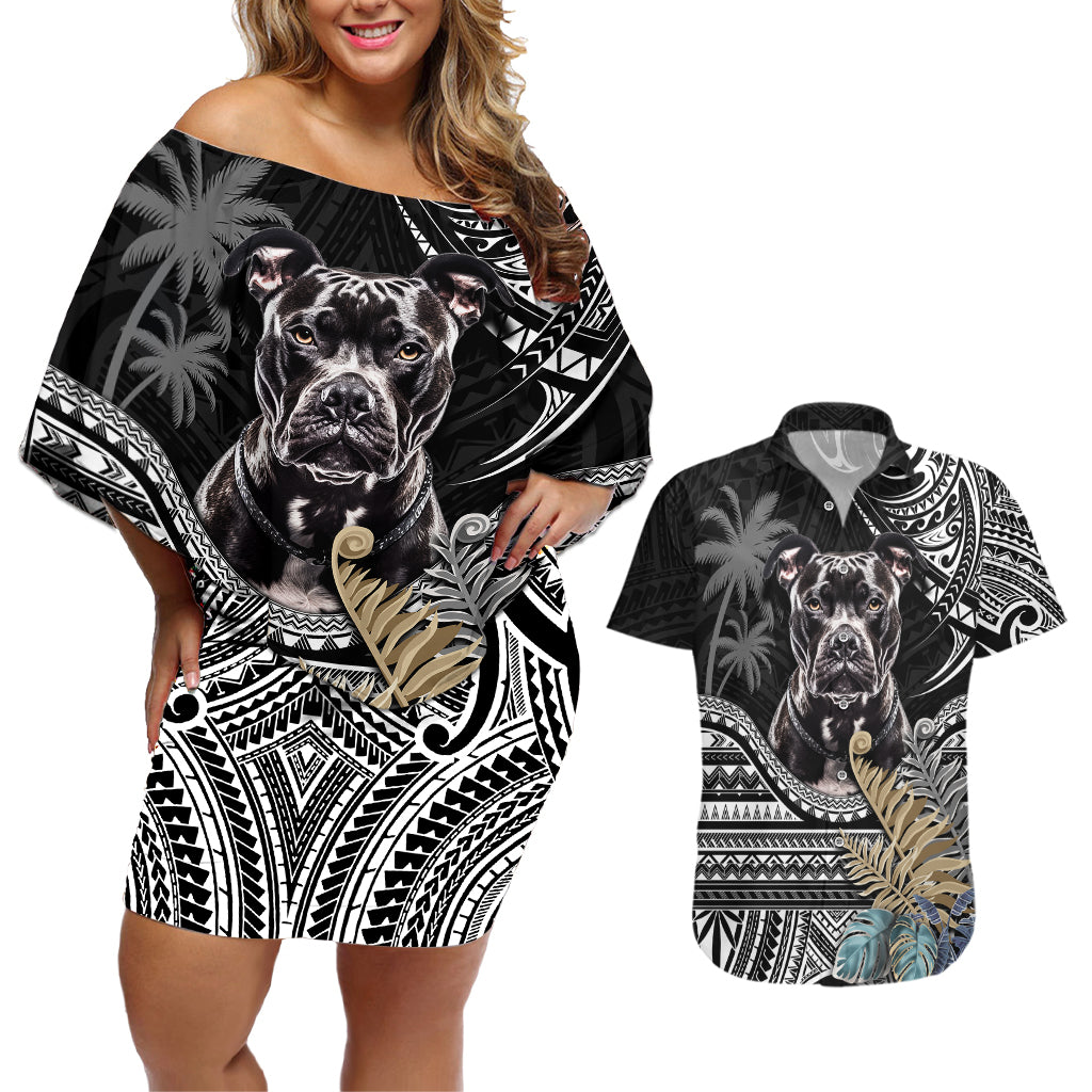 Polynesian Pitbull Couples Matching Off Shoulder Short Dress and Hawaiian Shirt Polynesian Pattern And Pitbull - Wonder Print Shop