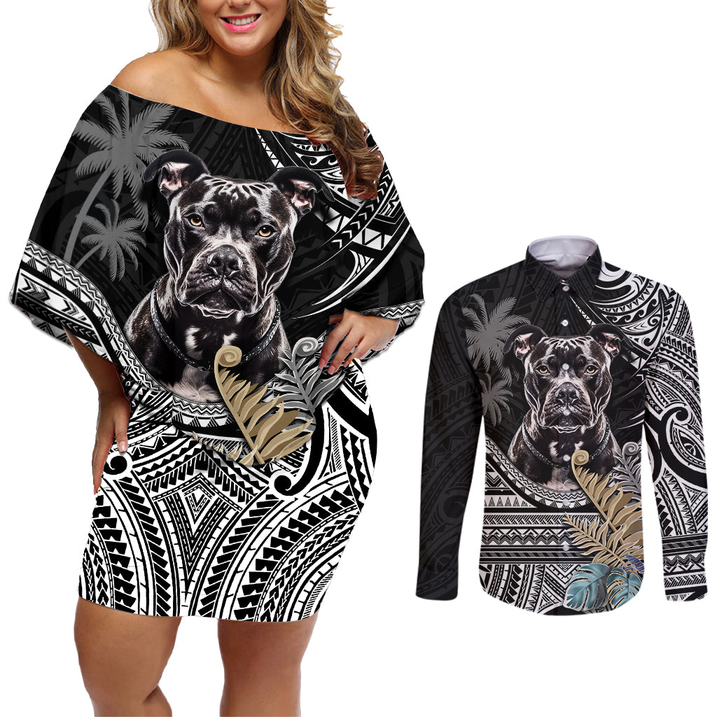 Polynesian Pitbull Couples Matching Off Shoulder Short Dress and Long Sleeve Button Shirts Polynesian Pattern And Pitbull - Wonder Print Shop
