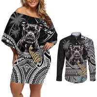 Polynesian Pitbull Couples Matching Off Shoulder Short Dress and Long Sleeve Button Shirts Polynesian Pattern And Pitbull - Wonder Print Shop