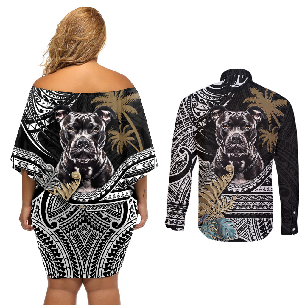 Polynesian Pitbull Couples Matching Off Shoulder Short Dress and Long Sleeve Button Shirts Polynesian Pattern And Pitbull - Wonder Print Shop