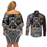 Polynesian Pitbull Couples Matching Off Shoulder Short Dress and Long Sleeve Button Shirts Polynesian Pattern And Pitbull - Wonder Print Shop