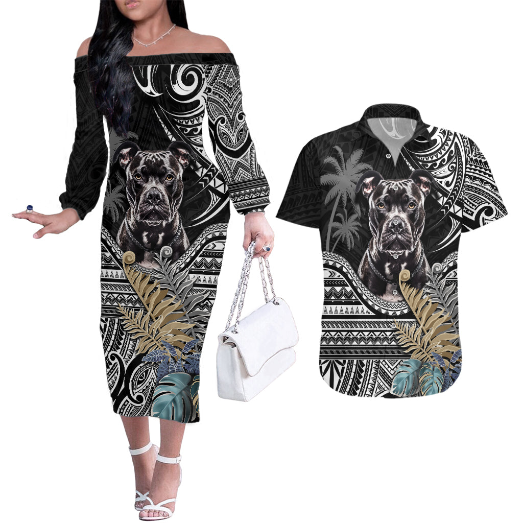 Polynesian Pitbull Couples Matching Off The Shoulder Long Sleeve Dress and Hawaiian Shirt Polynesian Pattern And Pitbull - Wonder Print Shop