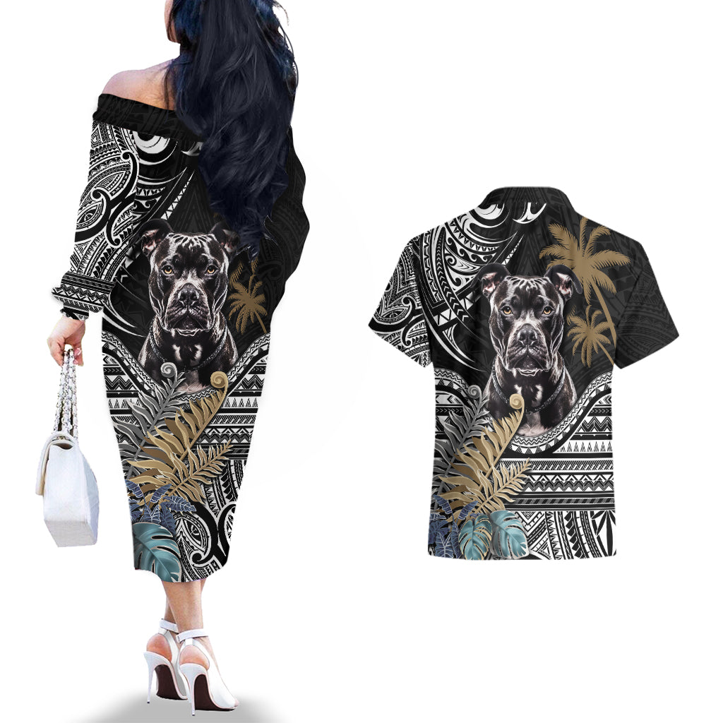 Polynesian Pitbull Couples Matching Off The Shoulder Long Sleeve Dress and Hawaiian Shirt Polynesian Pattern And Pitbull - Wonder Print Shop