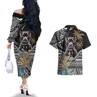 Polynesian Pitbull Couples Matching Off The Shoulder Long Sleeve Dress and Hawaiian Shirt Polynesian Pattern And Pitbull - Wonder Print Shop